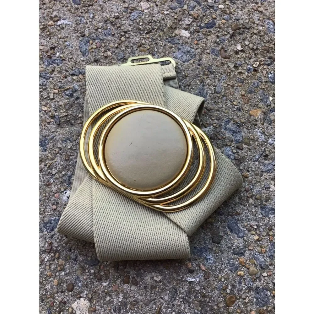 Vintage Beige Elastic Belt with Gold Statement Buckle